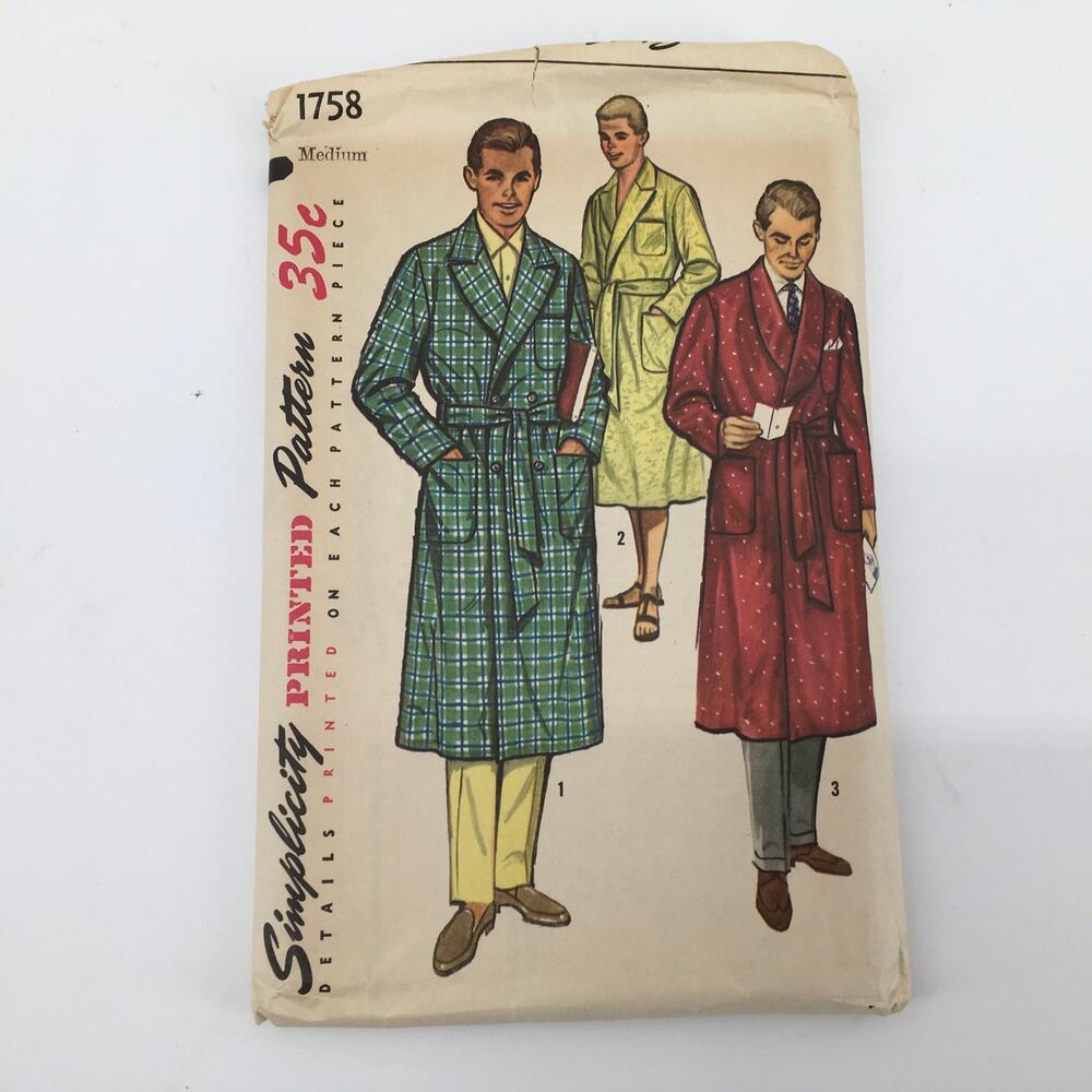Simplicity Sewing Pattern 1758 Vtg Mens Straight Cut Robe Beach M 38-40 UNCUT